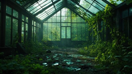 Overgrown greenhouse interior with broken glass and lush vegetation inside view