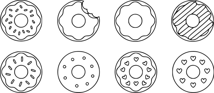 Black and white line art illustrations of assorted donuts food