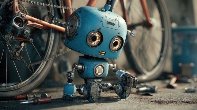 A blue robot sitting on the ground next to a bicycle with tools scattered around it
