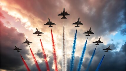 Aerobatic jet formation with red, white, and blue smoke trails soaring through dramatic sky during patriotic air show