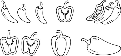 Black and white line drawing of assorted peppers chili bell pepper