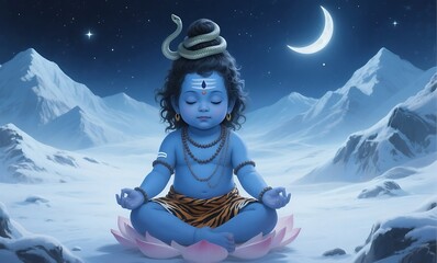 Young lord shiva meditates peacefully under a starry night sky with a crescent moon