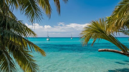 Fototapeta premium Relaxing Tropical Beach With Sailboats Under a Clear Blue Sky Surrounded by Palm Trees at Midday