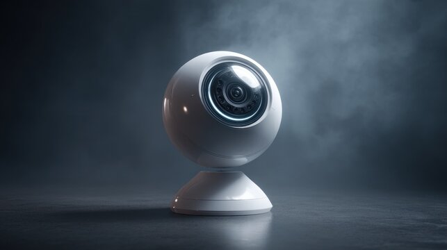 A white spherical webcam with a lens on a stand against a blurred dark background