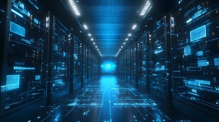 Cybernetic Sanctum: An immersive perspective of a modern data center, bathed in an aura of cool, vibrant blues. A symbol of technological prowess.