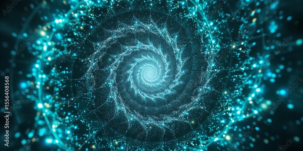 Poster a swirling vortex of teal light with interconnected nodes and particles creating a tunnel effect