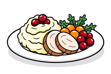 Illustration of a Thanksgiving or Christmas Holiday Dinner Plate with Turkey, Mashed Potatoes, Cranberries, and Greenery