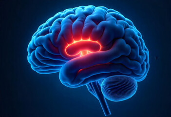 A 3d rendering of the human brain with a highlighted (red orange) area within the limbic system suggesting activity or focus on that region