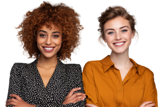 Two smiling business women, one with curly hair and the other without, isolated on a transparent background.