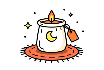 Charming Candle with Crescent Moon Design on a Rug, Whimsical Illustration with Stars