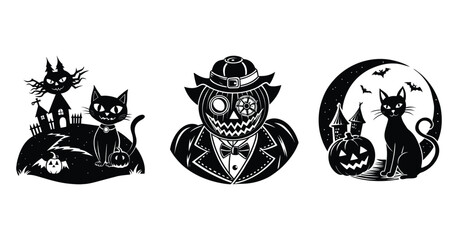Halloween black cat sitting on carved pumpkin silhouette vector.

