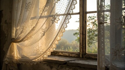 Old lace curtain fraying at edges — backlit by morning window light