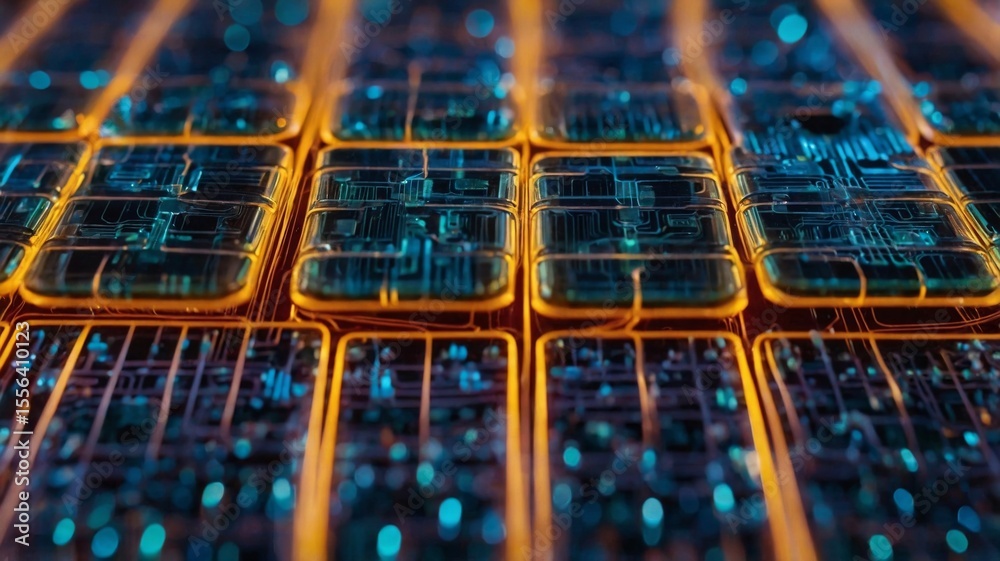 Poster detailed view of advanced microchip technology showing intricate circuitry at a close range during a