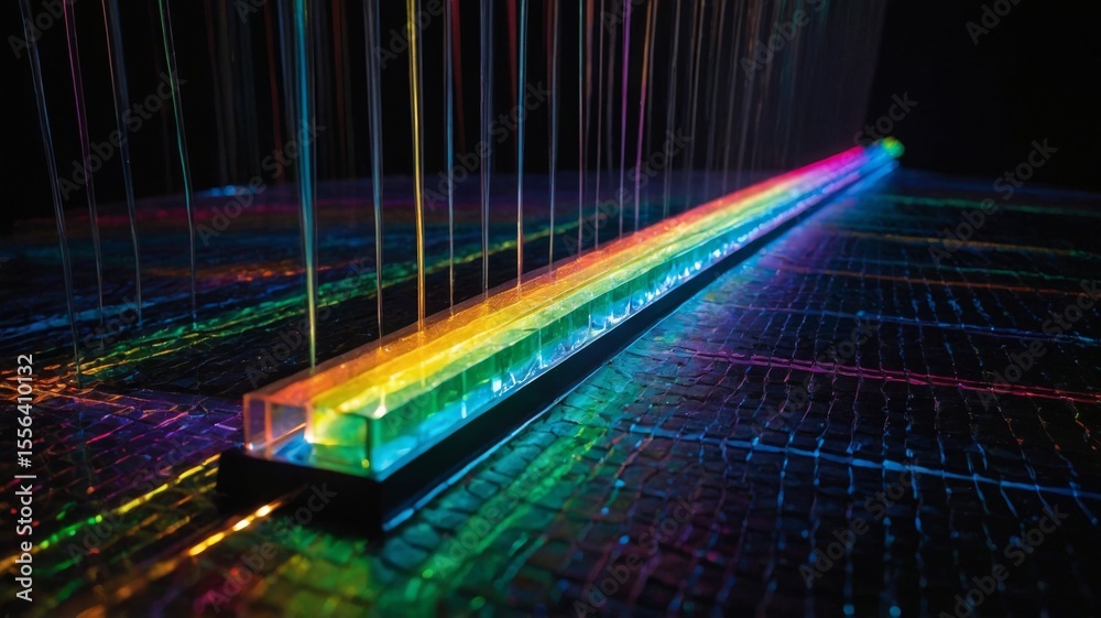 Poster colorful light spectrum created by diffraction through a prism on a dark surface during a science de