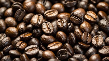 Freshly Roasted Coffee Beans Displayed in a Close-Up View, Showcasing Their Rich Texture and Deep Brown Color Under Natural Lighting