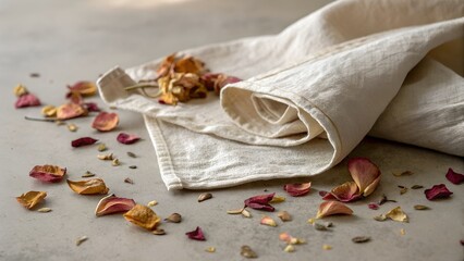 Discolored linen napkin beside dried petals — still life of gentle fading