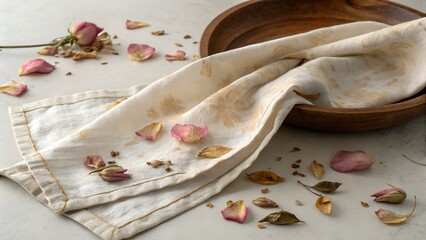 Discolored linen napkin beside dried petals — still life of gentle fading