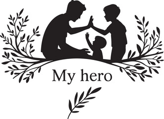 Fathers day silhouette vector illustration of people, a boy, and a couple with a tree in a black sketch art cartoon design
