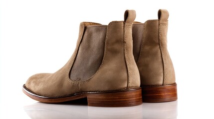 Back view of a suede Chelsea boot, neutral tones, isolated on white, studio lighting