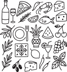 Mediterranean Food & Drink Icons - Hand-Drawn Outline Vector Set