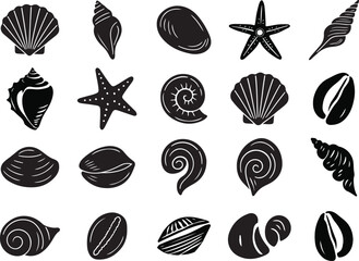 Sea Shells and Starfish Silhouettes Vector Illustration Ocean & Beach Nature Icons