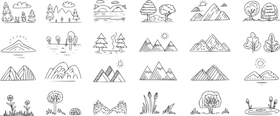Minimalist nature scenes with trees mountains and water vector