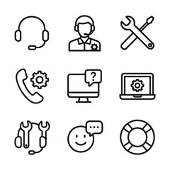 Tech support assistance icons collection. Outline symbols. Line design