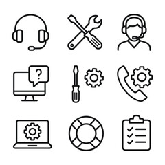 Help desk technical support icons. Outline symbols. Line design