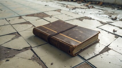 Weathered leather-bound book, spine split open — sitting on cracked tile floor