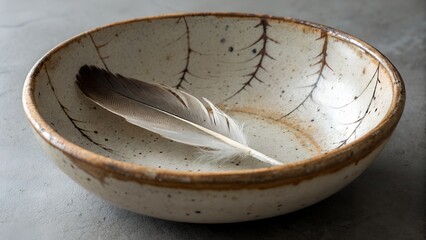 Chipped ceramic bowl with water stains — lone feather resting inside