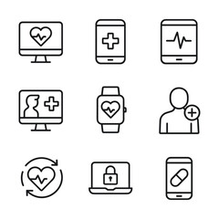 Mobile health icons with fitness tracking symbols. Outline symbols. Line design