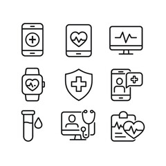 Health monitoring icons with wearable device symbols. Outline symbols. Line design