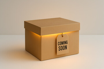 Mystery Kraft Box with Glowing Light and Coming Soon Tag for Product Teaser