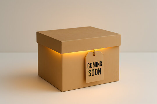 Mystery Kraft Box with Glowing Light and Coming Soon Tag for Product Teaser