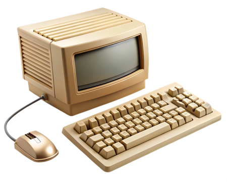 Vintage beige computer monitor keyboard and mouse with studio lighting isolated on a transparent background - Powered by Adobe
