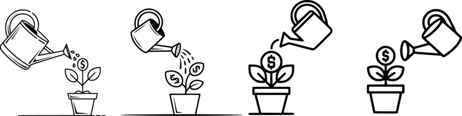 Watering can pouring water on money plant in pot growth investment © ThE MHM