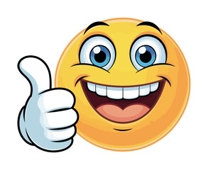 Cheerful emoticon with thumbs up gesture Smiling up smiley emoji cartoon happy smile positive illustration graphic face yellow expression digital art vector icon