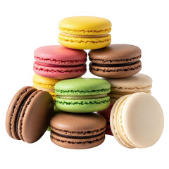 Delightful pile of macarons with vibrant colors creates a tempting confectionary display against a transparent background.