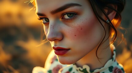 Woman model portrait with hand-painted floral dress