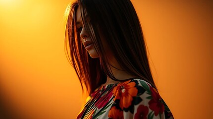 Woman model portrait with hand-painted floral dress