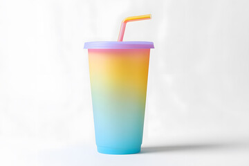 Colorful reusable plastic tumbler with gradient from pink to blue. Trendy reusable plastic tumbler in gradient colors pink to blue. Ideal for lifestyle, eco-friendly products, and drinkware themes.