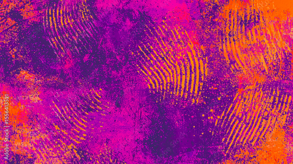 Poster An abstract design features bold fingerprint patterns against a vivid purple and orange backdrop, creating an engaging visual with dynamic textures