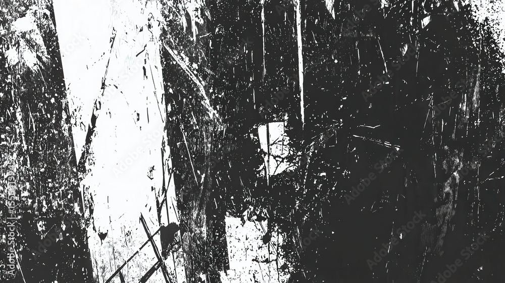 Poster The artwork features a striking contrast of black and white, emphasizing the texture of tree bark alongside fragmented light filtering through dense foliage in nature