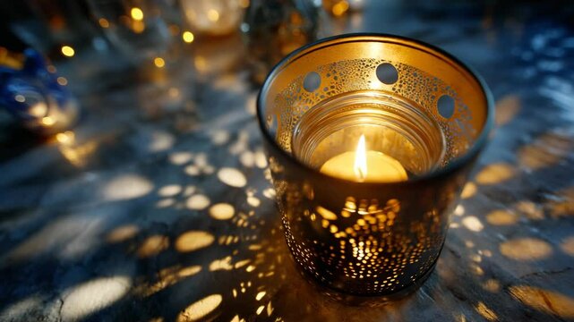 Cozy atmosphere: a flickering candle in an openwork candlestick casts beautiful shadows, creating a peaceful mood.