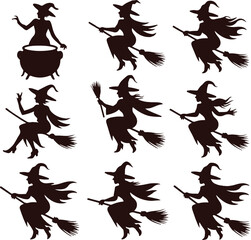 Set of flying witch with brooms silhouette vector illustration. Halloween witch set. Witch silhouette vector