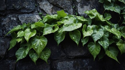 Lush Green Leaves With Raindrops Grow Over a Weathered Stone Wall in a Serene Outdoor Setting During Early Morning Light