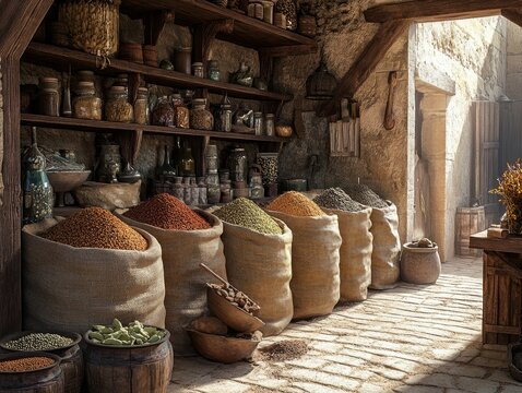 A rustic spice market with sacks of cumin and other spices