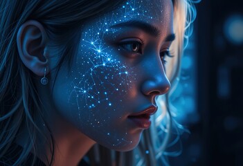 Woman uses AI tech to analyze employee data. Artificial intelligence connects with network points on face. Business team collaboration in office. Modern tech innovation concept, 4k details Resolution 