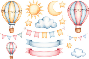 Hand drawn watercolor Illustration set of hot air balloons and elements. Cute drawing for newborn shower or kid birthday.