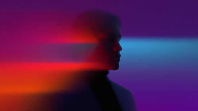 Abstract portrait photograph of a person, dynamic motion blur, Silhouette figure, soft diffused lighting, artistic mood